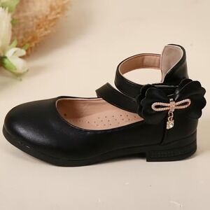 Girls Black Faux Leather Mary Jane Dress Shoes Bow Rhinestone Charm Size 13